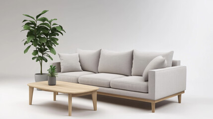 Minimalist living room with a soft gray sofa, a light wood coffee table, and a small potted plant for a natural touch