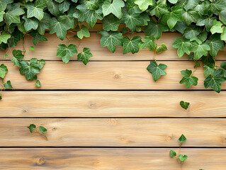 Fototapeta premium Wooden background with ivy decoration, with copy space for text or product presentation design template. 