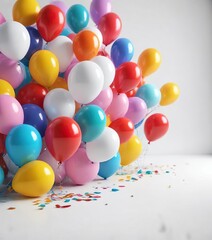 Colorful balloons scattered on a white background with individual balloons highlighted , balloons isolated, shiny balloons, solo balloons