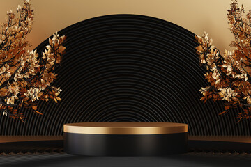 Fashion product background and stand black podium display with blank backdrops.