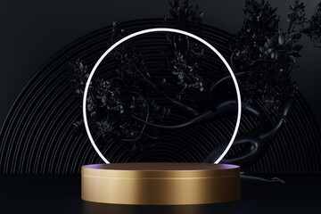 Fashion product background and stand black podium display with blank backdrops.