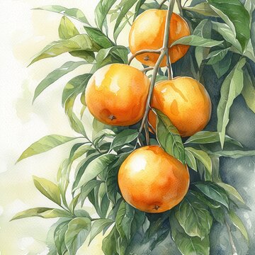 A vibrant watercolor illustration of ripe oranges hanging on a branch surrounded by lush green leaves.