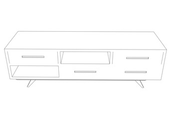 Hand drawn silhouette of mid century dresser. Modern furniture outline drawing. Line art cupboard for trendy interior design. Sketch commode on legs. Vector illustration