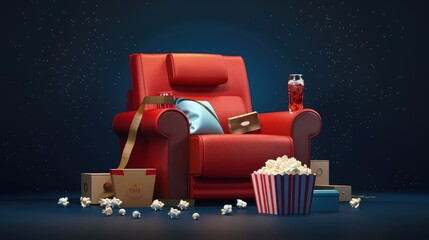  The soft lighting accentuates the textures of the sofa fabric and the glossy finish of the popcorn bowl.
