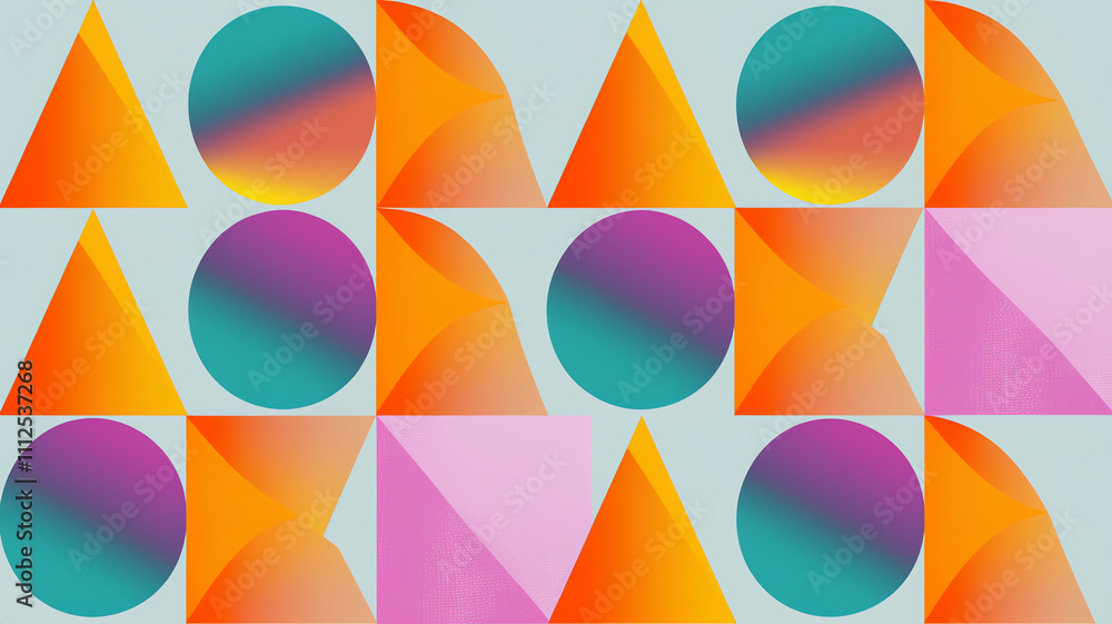 Poster colorful geometric shapes create a vibrant pattern on a soft background, showcasing a dynamic play o