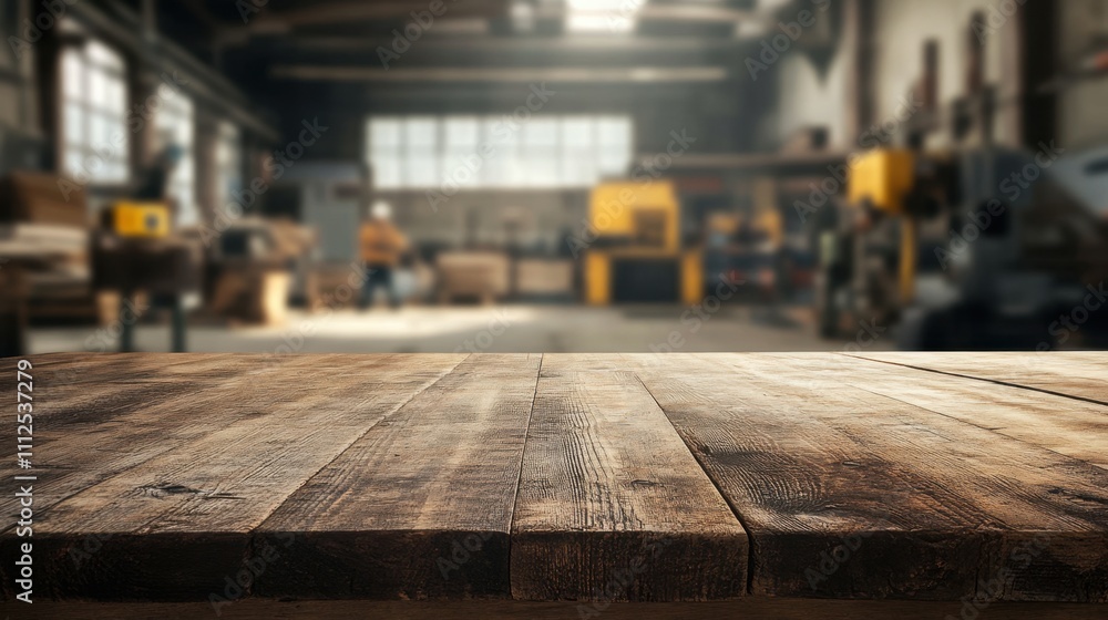 Poster close-up of rustic table with blurred view of industrial tools and workers, warm tones from overhead