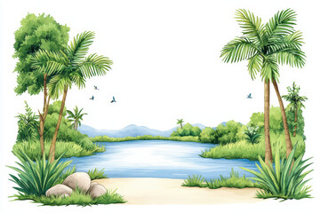 serene watercolor of tranquil river winding through lush greenery, featuring palm trees, rocks, and birds in peaceful natural setting