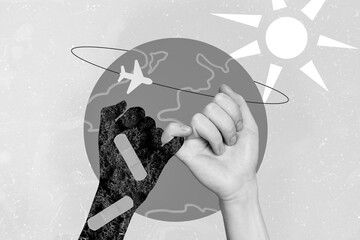 Collage photo poster of little fingers save planet concept stop air pollution global warming...