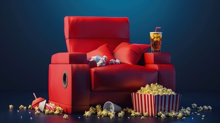 A bowl of freshly popped popcorn sits on the coffee table, with a few pieces scattered around, adding a casual touch. 