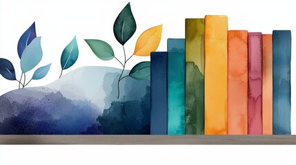 Watercolor books and leaves on a shelf.