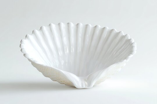 A decorative white shell bowl sitting on a table, ideal for use in home decor or as a prop in still life photography