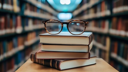 Books and glasses in a library