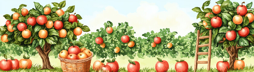 vibrant orchard scene featuring apple trees laden with ripe fruit, basket filled with apples, and wooden ladder leaning against tree. This picturesque setting evokes sense of tranquility and