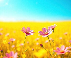 Fototapeta premium Pink flower blooms in a sunny yellow field under a clear blue sky, nature, sunny day, yellow field