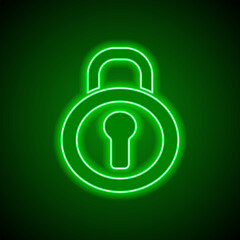 Lock vector simple icon. Flat design. Green neon on black background with green light