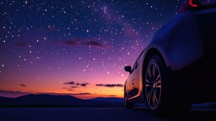 A vehicle parked on a dark road with a clear night sky and stars