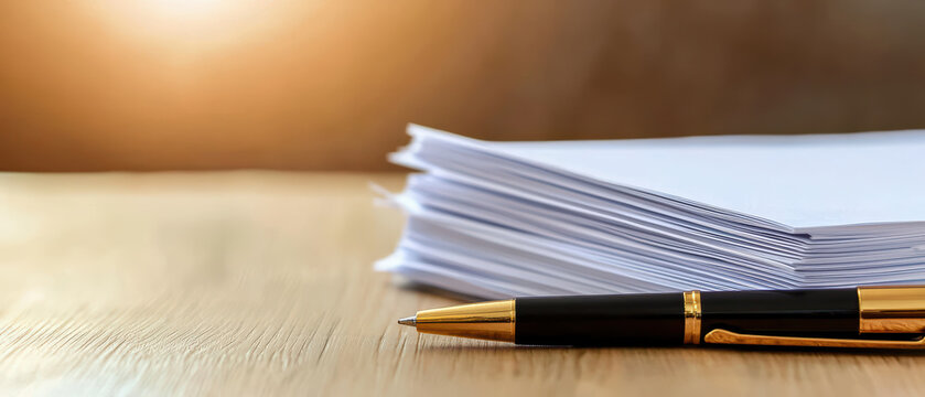 stack of blank legal documents and pen on wooden table, symbolizing preparation and organization for important tasks