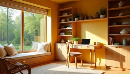 Sunlit home office with wooden furniture and a large window overlooking a leafy garden, offering a tranquil and inspiring workspace atmosphere.