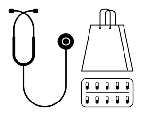 Stethoscope paired with a shopping bag and blister pack of medication. Ideal for healthcare services, medical retail, pharmacy promotions, online medical stores, wellness shopping, healthcare access