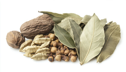 Dried bay leaves, nutmeg, and cardamom spices arranged beautifully evoke sense of warmth and flavor in cooking. Perfect for culinary enthusiasts and food photography