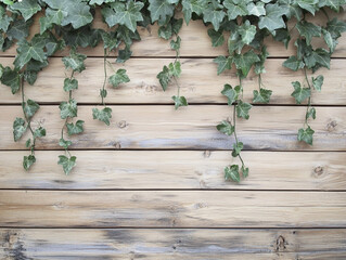 Fototapeta premium Wooden background with ivy decoration, with copy space for text or product presentation design template. 