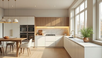 Modern kitchen interior with sleek white cabinets, natural wood accents, and large windows offering ample natural light.