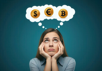 Worried woman looking up thinking with dollar, euro, bitcoin symbol in thought bubble above her head