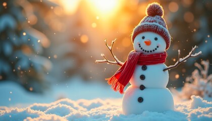 Fototapeta premium Cheerful snowman with a red scarf and hat, standing in a sunlit snowy landscape with a warm glow.