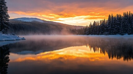 Stunning Sunset Reflection Over a Tranquil Lake Surrounded by Snowy Pines and Mountains, Capturing the Essence of Winter's Beauty in Nature