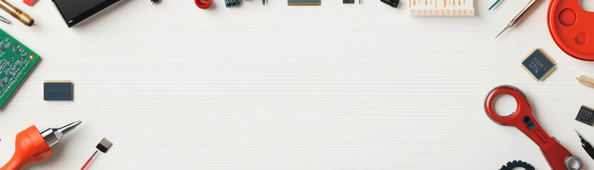 Crafting tools and electronic components arranged on white background, showcasing variety of items like circuit boards, tools, and small parts, perfect for DIY projects