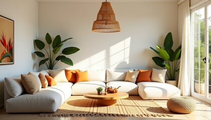 Modern living room with cozy white sectional, accent pillows, and plants, bathed in natural sunlight.
