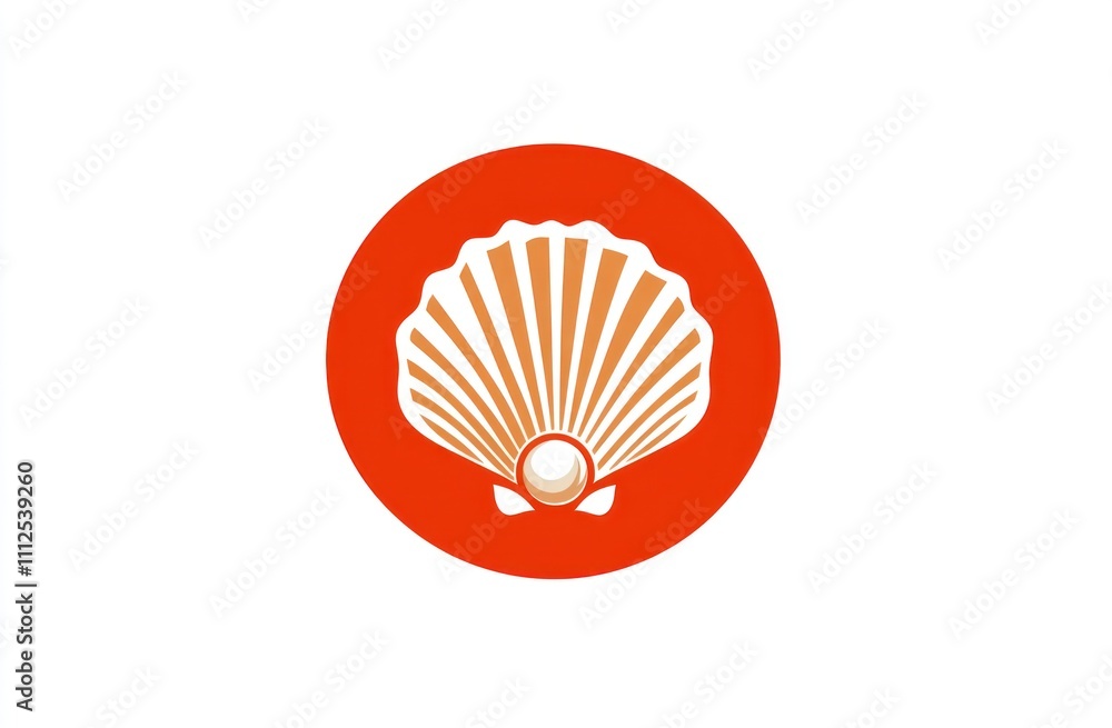 Poster here's a description and keywords for your image.. orange circle with stylized seashell and pearl.