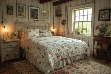Rustic Bedroom Featuring Floral Bedding And Wooden Walls