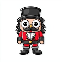 Cute cartoon illustration of a smiling nutcracker with big bold eyes, isolated white background.