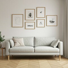 A minimalist living room with a light gray sofa, wooden floors, and a gallery wall of framed black and white prints.