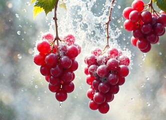Red grapes suspended in mid-air are enveloped by a misty veil of effervescent water, artistic arrangement, misty veil, effervescent water