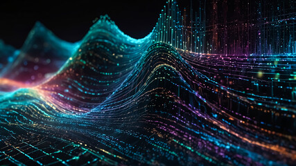 Digital background perfect for tech processes, neural networks, artificial intelligence, data transfer and encryption, digital archives, sound and graphic presentations, science, education, etc.