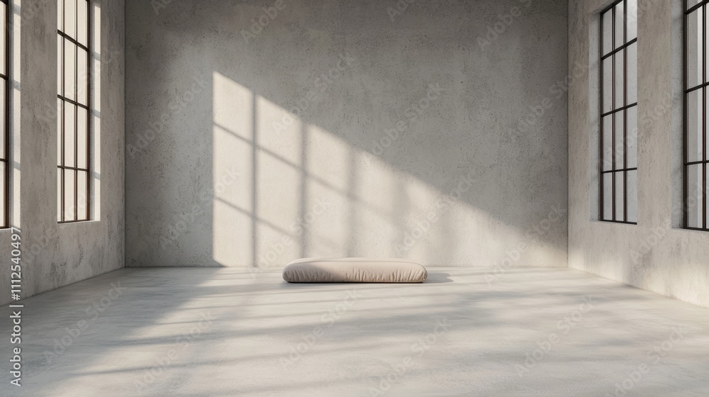 Poster minimalist room with large windows and simple cushion on floor