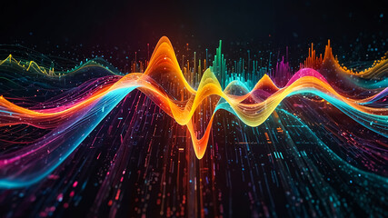 Digital background perfect for tech processes, neural networks, artificial intelligence, data transfer and encryption, digital archives, sound and graphic presentations, science, education, etc.