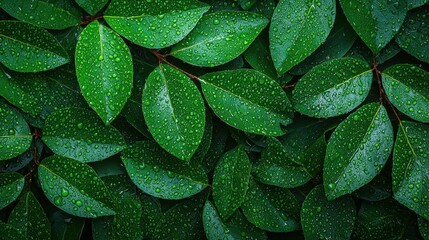 Fototapeta premium Fresh Green Leaves with Raindrops on Natural Background in Soft Focus