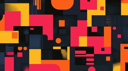 A hand-drawn pixel design with overlapping geometric shapes, creating a distorted yet balanced pattern in bright and dark contrasts