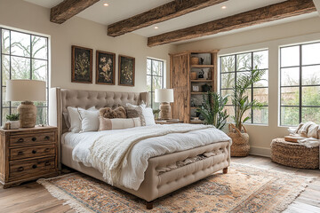 Rustic Farmhouse Bedroom With Exposed Wooden Beams