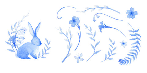Rabbit and spring flowers set of watercolor elements for your design. All objects are isolated on white background