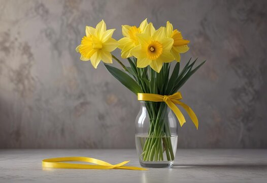 Single daffodil in a glass vase with a yellow ribbon tie , ribbon, memorial, ribbon