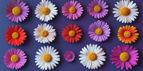 A collection of variously colored flowers placed on a bright blue surface, ideal for use in decorative designs or as a background