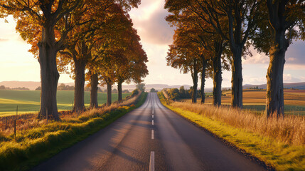 Naklejka premium serene countryside road lined with tall trees showcasing autumn colors, leading into distance under beautiful sky