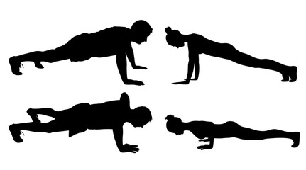 Set of black vector silhouettes of slim girl and boy doing fitness and yoga exercises. Active and healthy life concept.