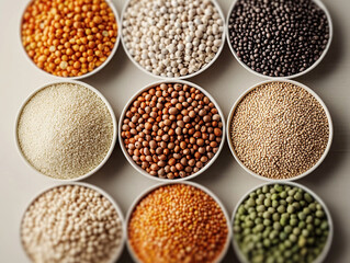 Fototapeta premium Assorted legumes and grains in bowls, showcasing variety of colors and textures. This vibrant display highlights diversity of plant based foods, perfect for healthy cooking