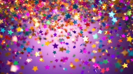 Vibrant confetti of multicolored stars, each radiating light, floating against a rich purple background with a slight glow, creating a joyful celebratory scene