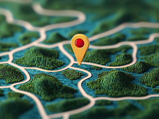 detailed map featuring location pins on vibrant landscape, showcasing hills and water. Ideal for navigation and travel themes